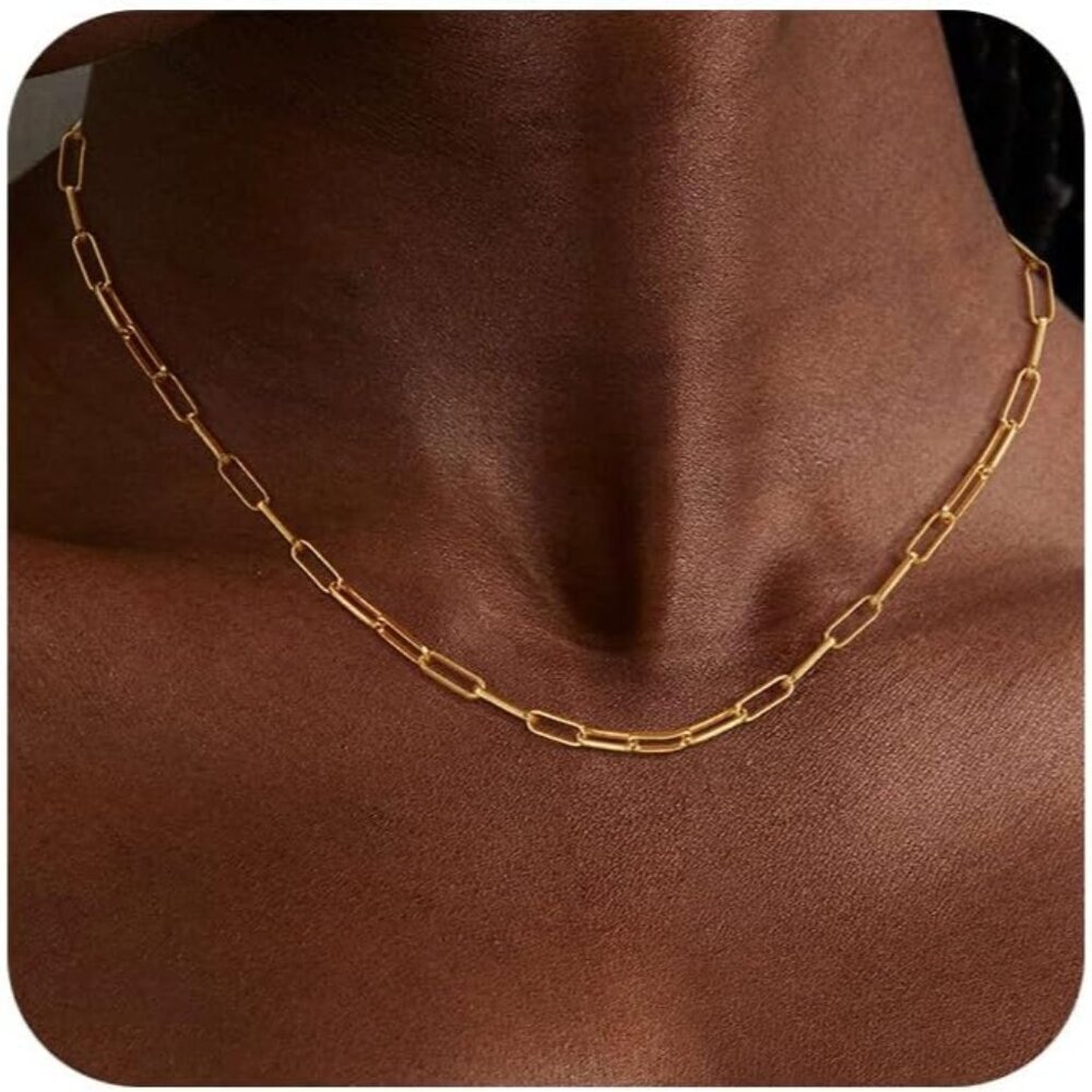 🆕Sweatproof 14K Gold Plated Non Tarnish Chunky Herringbone Paperclip Necklace